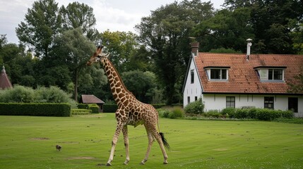 A giraffe walks through a grassy field next to a house. Generate AI