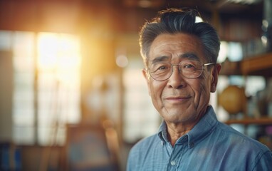 Obraz premium A senior Asian man with short gray hair and glasses, wearing a blue button-down shirt, smiles as he paints in his art studio