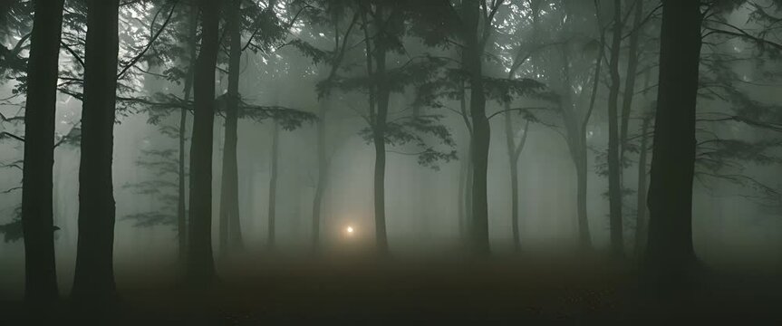Scary dark forest at night foggy with heavy rain