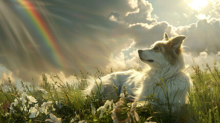Dog in a field with rainbow and wildflowers