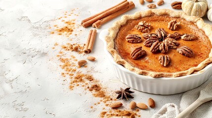 Fototapeta premium Homemade pecan pumpkin pie on white rustic table, concept of festive dessert, holiday baking, traditional Thanksgiving treat. Copy space