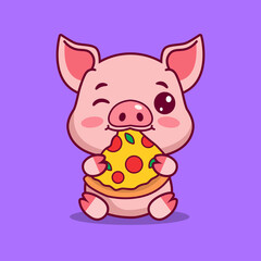 Cute pig eating pizza cartoon vector illustration