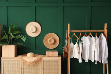 Interior of hall with commode, hats and clothes rack