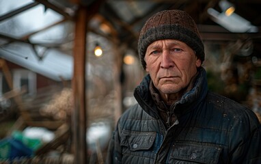 An adult man, wearing a brown knit hat and a dark jacket, stands in a greenhouse setting. He appears to be looking directly at the camera
