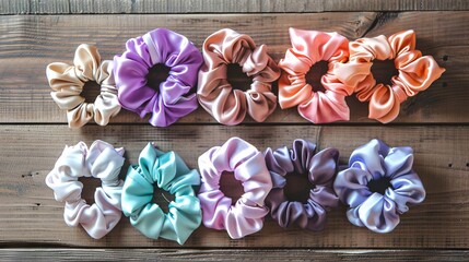 Fototapeta premium Colorful Satin Scrunchies on Wooden Table, Concept of Fashion Accessories, Hair Care, Beauty Products