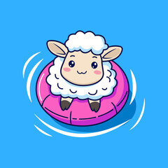 Cute sheep floating with swim ring on water cartoon vector illustration