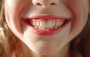 Obraz premium A close-up of a young girl's smiling face, showcasing healthy, white teeth