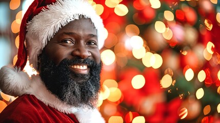 African American man dressed as Santa Claus against festive lights backdrop. Concept of holiday cheer, Christmas celebration, seasonal portrait. Copy space