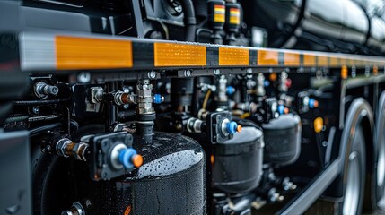 A black and orange truck with a yellow stripe. The truck is filled with many pipes and valves