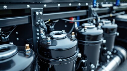 A close up of a black engine with a lot of bolts and nuts