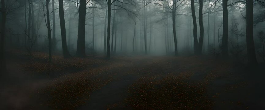 Scary dark forest at night foggy with heavy rain