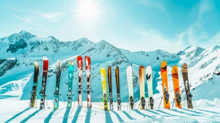 Colorful Skis Lined Up on Snowy Mountain Top, Concept of Winter Sports, Ski Equipment, Mountain Scenery. Copy space