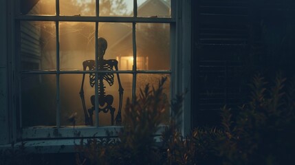 Skeleton Decoration in a Window during Halloween Night. Concept of holiday decoration, spooky ambiance, Halloween festivity