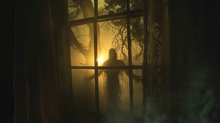 Ghostly figure behind foggy window in haunted house setting, concept of horror, spooky atmosphere, ghost stories, Halloween, ghost