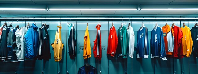 Variety of colorful soccer jerseys hanging in a team locker room. Concept of sportswear, teamwork, football gear, t- shirt