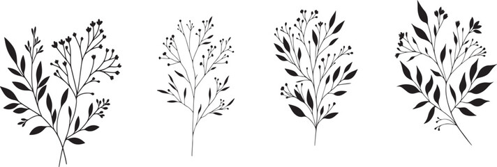 Set Floral branch and minimalist leaves for logo or tattoo. Hand drawn line wedding