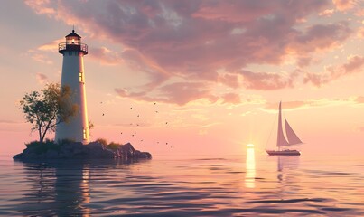 Lighthouse and Sailboat at Sunset