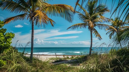 Fototapeta premium Palm Trees Framing Ocean View.
