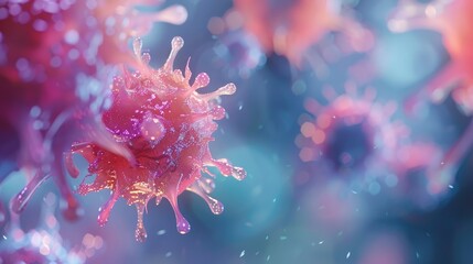 A close up of a virus with a pinkish hue. The virus is surrounded by a blue background