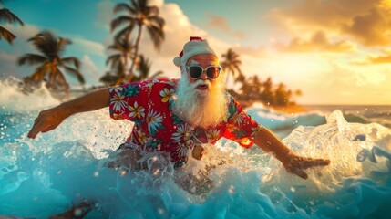 Senior White Male Surfer in Santa Costume Surfing at Sunset. Concept of holiday sports, festive season, beach activity