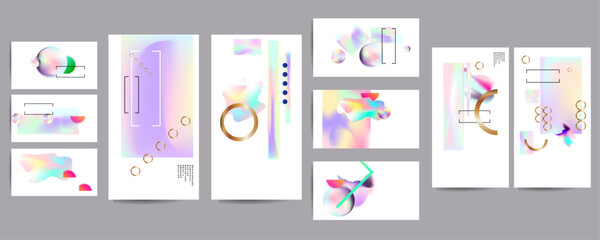 Gradient mesh cover set of backgrounds texture foil pearl shades. Abstract stylish gradient with holographic foil. 90s, 80s