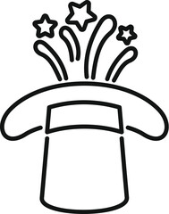 Black and white line drawing of a classic magic hat with stars shooting out the top