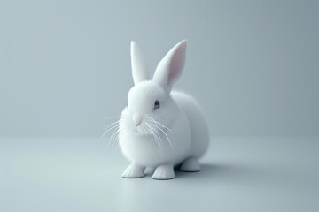 Obraz premium A white rabbit is sitting on a white background. The rabbit is looking at the camera. The image has a calm and peaceful mood