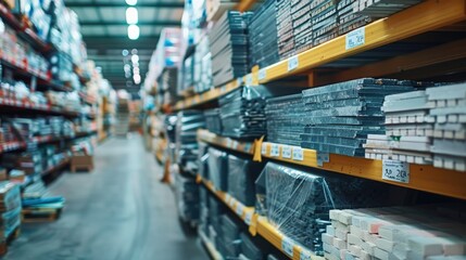 Fototapeta premium A warehouse with shelves full of items, including a large stack of black boxes. The boxes are wrapped in plastic and are on a shelf
