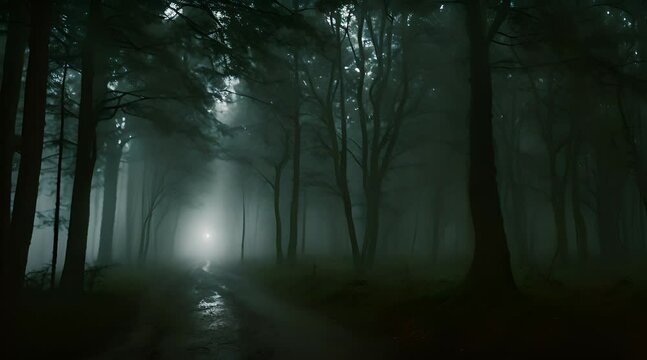 Scary dark forest at night foggy with heavy rain