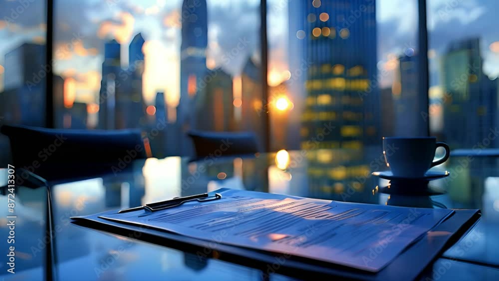 Poster an office meeting room with a large window overlooking a city skyline. a document lays open on the t