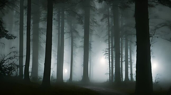 Scary dark forest at night foggy with heavy rain