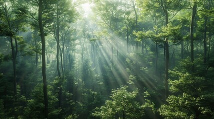Obraz premium Dense forest landscape with sunlight streaming through tall trees, vibrant green foliage, lush canopy, detailed and immersive, for nature enthusiasts