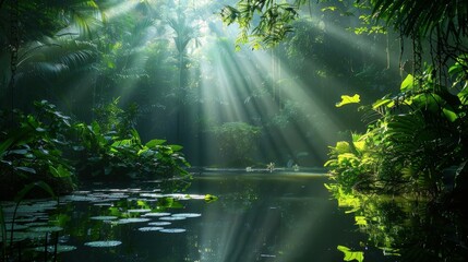 Dense jungle foliage with sunlight breaking through, illuminating a mystical pond, lush greenery, serene water, intricate light effects, tranquil setting