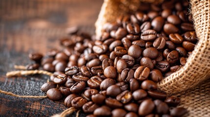 Fototapeta premium Fresh roasted coffee beans spilling from burlap sack onto wooden table, aromatic and organic beans