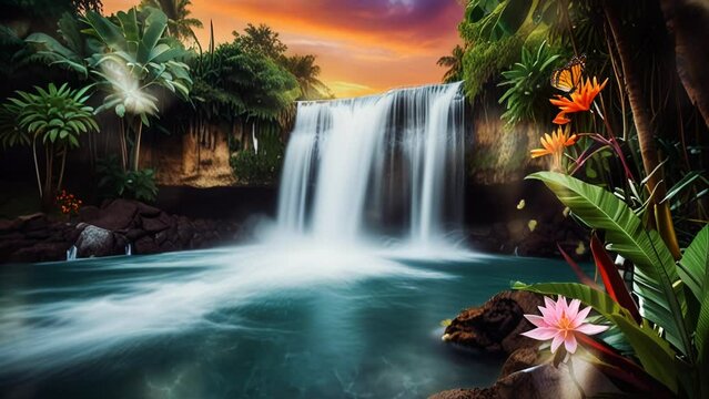Landscape a waterfall and a beautiful tropical beach meeting, on a smooth looping background with 4K animation