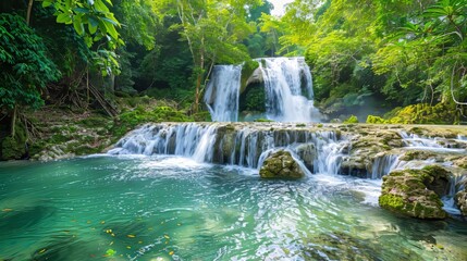 Fototapeta premium Enchanting waterfall in a lush rainforest, surrounded by vibrant greenery, cascading water, serene and captivating ambiance