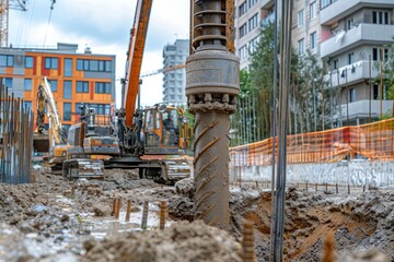 A construction site with a large crane and a pile of dirt. The crane is digging a hole and the dirt is piled up around it