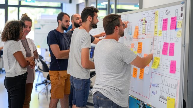 A group of people are working together in an office. They are brainstorming ideas and using sticky notes to organize their thoughts. AIG535