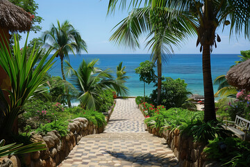 Obraz premium Scenic Tropical Beach Pathway with Palm Trees and Ocean View