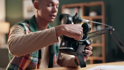 Man, vr glasses or review of technology for creative business in home office, work or presentation. Male influencer, metaverse or content creator with information for online gaming or video streaming