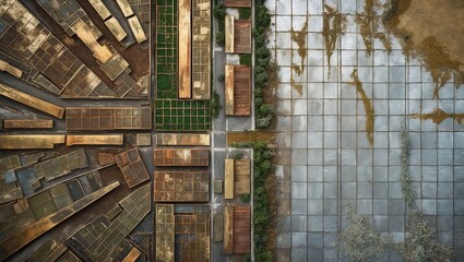 Drone view shows divided agricultural plots and barren land