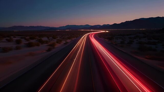 As the day turns to night the car light trails become the only source of color and light on the desolate desert highways.