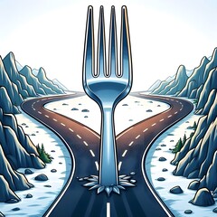 Concept "Fork in the Road", a road splitting into two paths with a giant fork in the middle