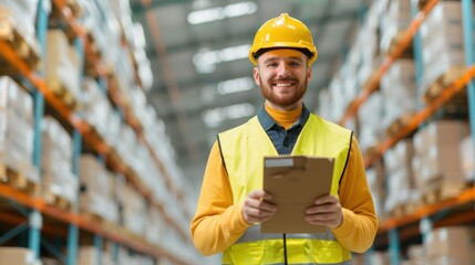Smiling warehouse worker in safety vest and hard hat holding clipboard, standing in large warehouse with shelves and boxes in background.