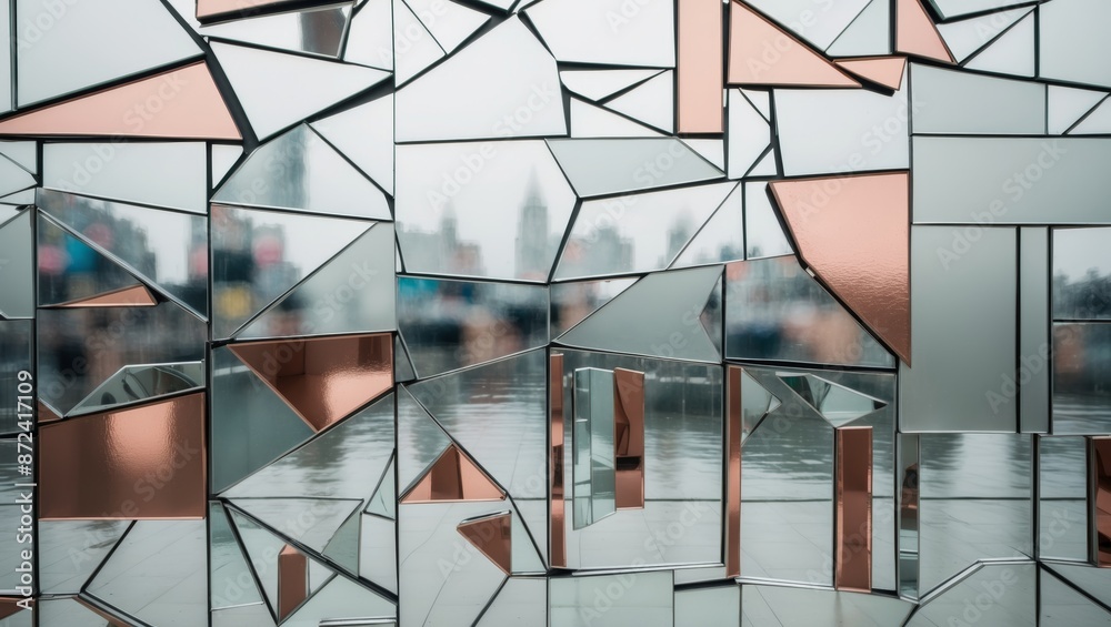 Sticker A mirrored, geometric structure reflecting an urban skyline