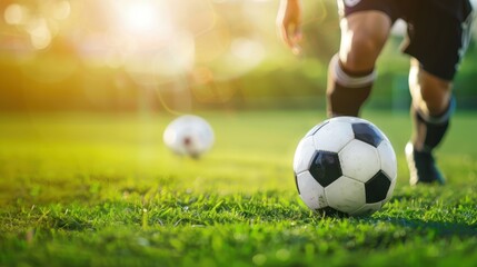 Fototapeta premium Close-up of a soccer ball on a grass field, with a player in action in the background under evening sunlight.