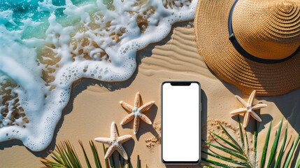 Top view of summer beach background with smartphone and hat