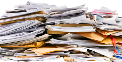 Pile or stack of many papers, paperwork documents, bureaucracy, messy finance report and accounting workspace