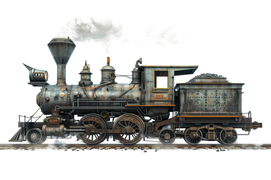 Steam locomotive with billowing smoke isolated on transparent background
