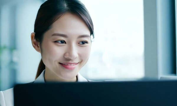 Japanese businesswoman operating a computer in her office.